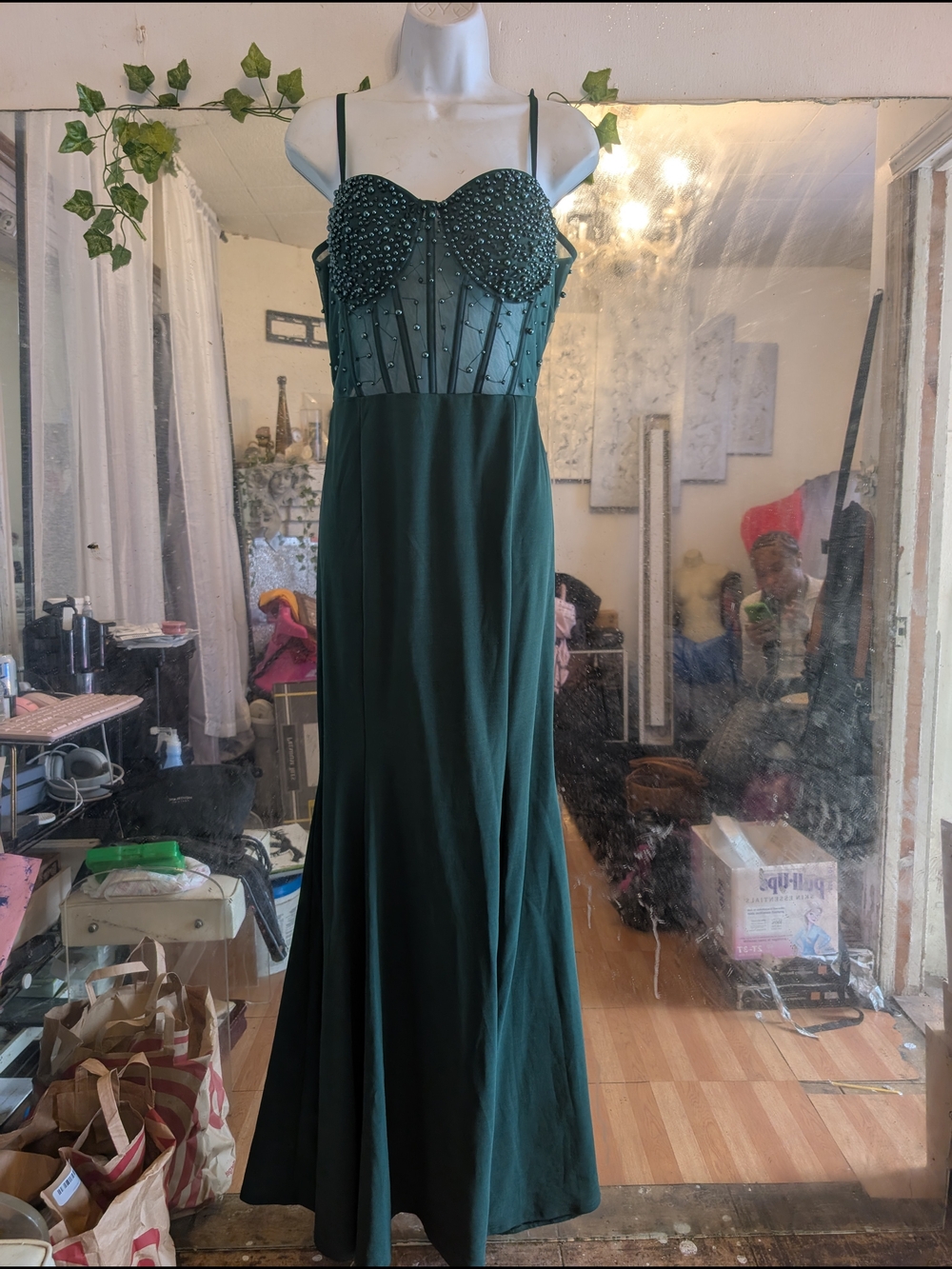 Dark Green Beaded Bodice Evening Dress
